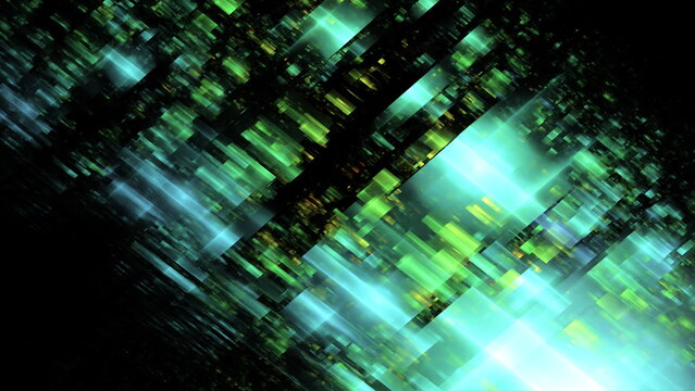 Abstract circuits and glow squares, luminous 3d objects, tilt-shift lenses, richly detailed backgrounds, symmetrical chaos, webcore. 3d render