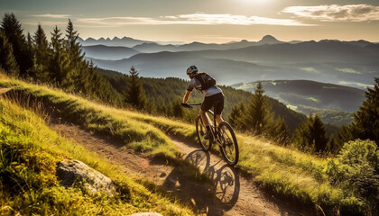 The cyclist rides through the mountains with alpine meadows.