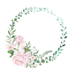 Fototapeta na wymiar Cute wreath of leaves and pink peonies. Watercolor flowers frame.