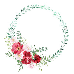 Boho wreath, burgundy peonies and leaves wreath, floral background. Wedding template.