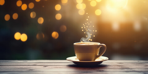 Obraz na płótnie Canvas Cup of hot blck coffee on table, copy space. Generative ai illustration