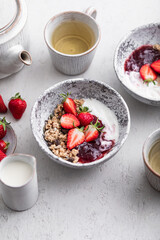 bol petit déjeuner granola chocolat, yaourt, graines de courge, fraises confiture, thé