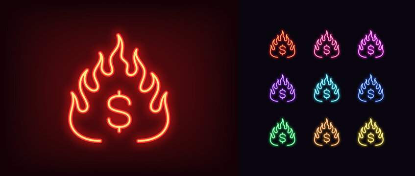 Outline neon hot money icon set. Glowing neon fire with dollar sign, burning money cash. Overheated market, economic recession, debt and economy crisis, hot dollar, burning finance system