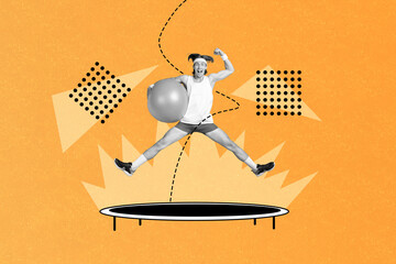 Artwork collage image of cheerful black white colors guy jumping trampoline arm hold fitness ball isolated on orange background