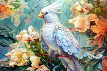 Fantasy of Exotic Elegance: White Tropical Bird on Paradise Floral Background: Generative AI