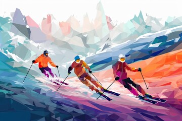 Generative Colours of Excited Skiers Enjoying Fun Action on a Winter Landscape Ski Slope. Generative AI