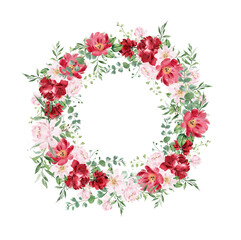 Beautiful floral wreath of burgundy peonies and wildflowers. Watercolor flowers frame.