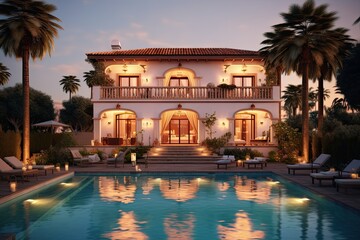 Fototapeta na wymiar Luxurious Mediterranean Villa with Private Pool by the Sea at Sunset. Generative AI