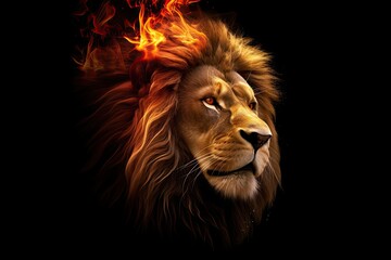 Majestic King of the Wild: 3D Fire Lion Portrait on Black: Generative AI