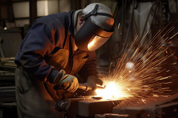 Fototapeta premium welder with protective mask welding steel in metal shop with sparks. generative ai