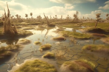A surreal illustration of a distorted or manipulated natural landscape, such as a swamp or marsh, Generative AI