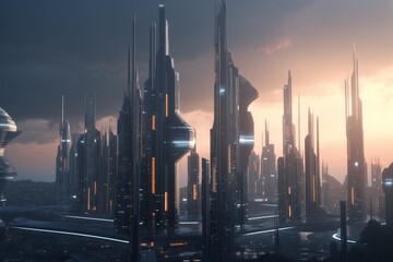 A futuristic cityscape with advanced energy and environmental technology, Generative AI