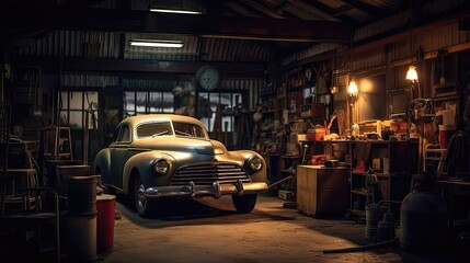 Vintage Car's Nostalgic Resplendence in Dimly Lit Garage 2. Generative AI