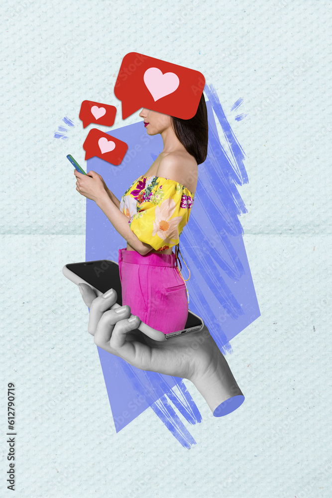 Poster vertical collage picture of black white colors arm hold smart phone display mini girl texting like n
