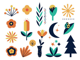 trendy collection of flowers, leaves, shapes. decorative elements in a linear style. modern nature, elements isolated on white background. for print, social media, banner, postcard. vector art