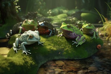 A detailed illustration of a group of amphibians, such as frogs or salamanders, in a vibrant and lively natural environment, Generative AI