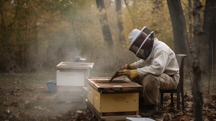 Beekeeper works near the hive. Generative AI