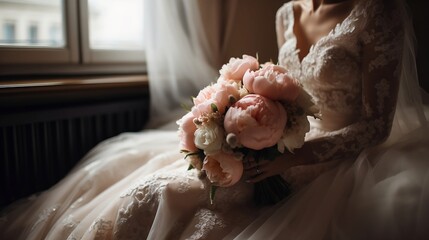 Bride with a wedding bouquet of peonies. Generative AI