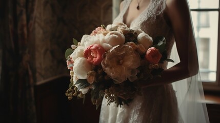 Bride with a wedding bouquet of peonies. Generative AI