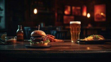 Fototapeta premium Hamburger and beer on the table at the bar. Generative AI