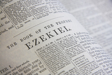 Book of the Prophet Ezekiel, page detail. Closeup Bible text.
