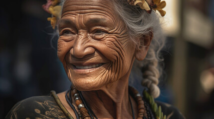 Graceful Beauty: Radiant Portrait of an Elderly Polynesian Lady. Generative AI