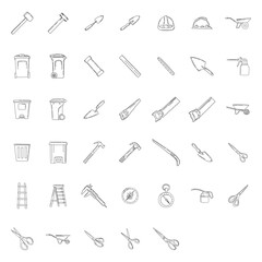 Doodle hand drawn Outline web icons set - building, construction and home repair tools