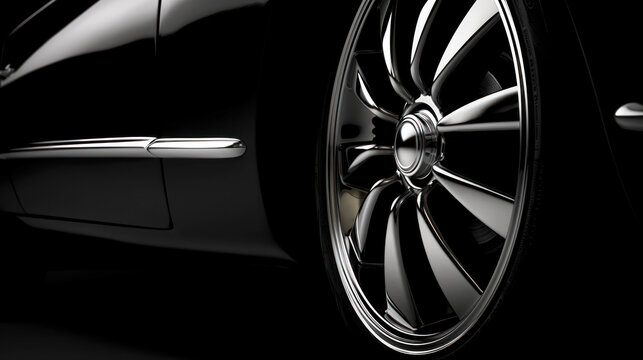 Automotive industry design elements.  Close-up of chrome light alloy rims on a black car. Generative AI
