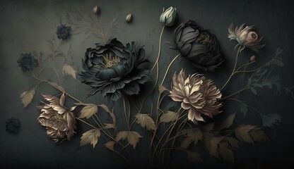 Generative AI, Close up of blooming flowerbeds of amazing black flowers on dark gothic moody floral textured background. Photorealistic effect..