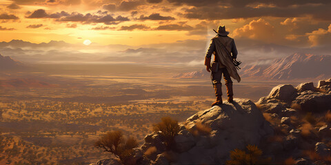 Lone cowboy, standing atop a rocky cliff overlooking a vast, arid desert, the setting sun casting. Wild west. Generative ai.