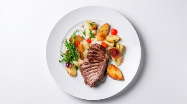 Grilled beef steak, crispy potato wedges, and garden-fresh salad from above. Generative AI