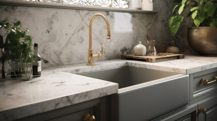Contemporary Kitchen Sink: Grey Cabinets, White Marble, and Decorations. Generative AI
