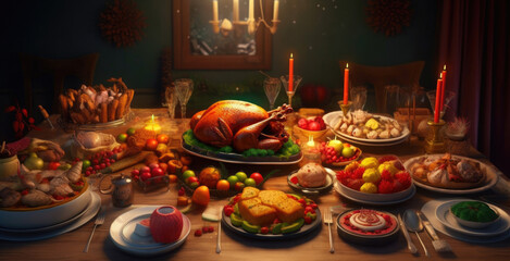 Fototapeta na wymiar Bountiful Christmas Banquet: Indulge in a Variety of Dishes. Generative AI
