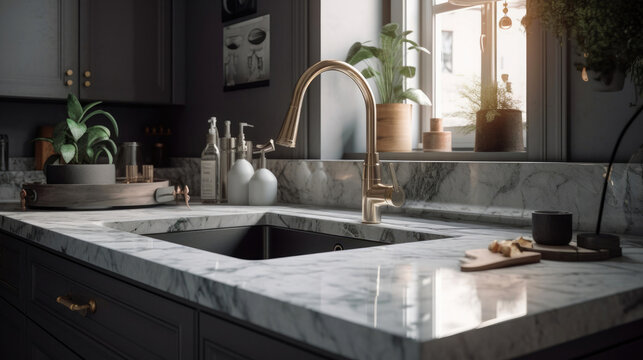 Kitchen Sink with White Marble and Decorations. Generative AI