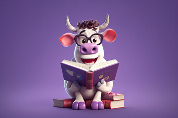 Cute cow reading book 3D cartoon character