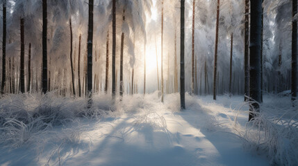 Magical Snowscape: Glowing Trees Amidst Snow. Generative AI