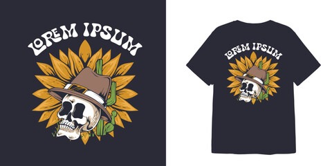 vintage style cowboy skull and sunflower for t-shirt and