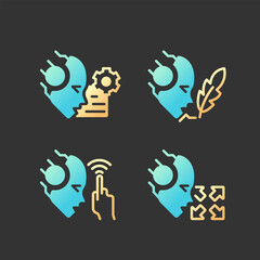 Artificial intelligence capabilities gradient glyph icons set with lineart for dark theme. Business opportunities. Isolated color vector illustrations for night mode. Solid linear pictograms pack