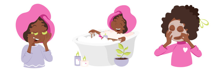 Barbiecore concept set. Make up, cosmetics, take care time. Glam and retro style for product design in pink, purple and lime colours. Bright colourful vector illustrations.