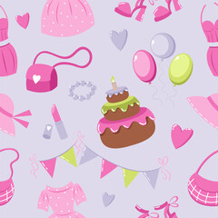 Barbiecore seamless pattern. Girl time. Glam and retro style for product design in pink, purple and lime colours. Bright colourful vector illustrations.