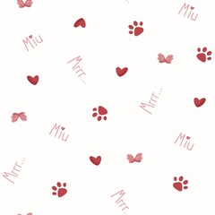 Cute seamless pattern with hand-drawn cats toys and paws. Creative design for fabric, packaging, wallpaper print, clothes, wrapping paper, chancellery.