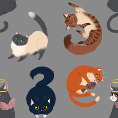 Cute seamless pattern with hand-drawn cats and cats toys. Creative design for fabric, packaging, wallpaper print, clothes, wrapping paper, chancellery.