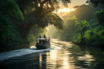 Boat navigating through the winding rivers of the Amazon, with lush greenery and wildlife in the background, emphasizing the exploration aspect. Generative AI - obrazy, fototapety, plakaty