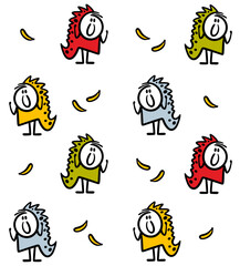 Endless pattern with cute baby dino costumes. Vector seamless illustration with children in animal theatre.