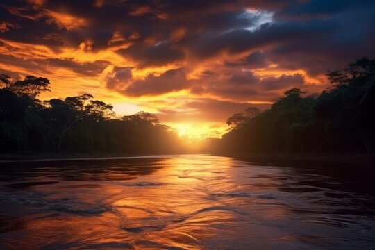 A breathtaking image showcasing a vibrant sunset casting warm hues over the Amazon rainforest, creating a serene and picturesque scene. Generative AI
