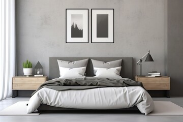 Blank picture frame mockup on gray wall. White bedroom design. View of modern scandinavian style interior with bed. Home staging and minimalism concept | Generative AI