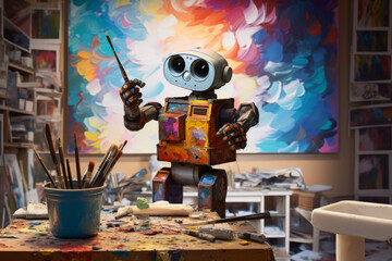 Creative assistant AI bot at work, holding a paintbrush and painting in the artist studio, Artificial Intelligence, tech and creativity concept.  - 612794918