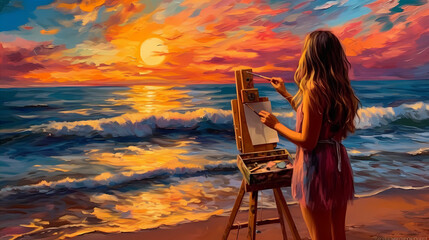 Fototapeta premium A young artist painting a vibrant sunset on a beach, with waves crashing in the background, creating a serene and peaceful atmosphere. Generative ai