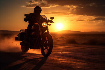 Rider at Dusk: Biker Silhouette, Generated with Generative AI