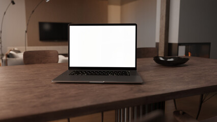 laptop on a table in a modern living room with transparent screen for content placement like Mockups, Home Office Commercial, Advertising or Infographics.
